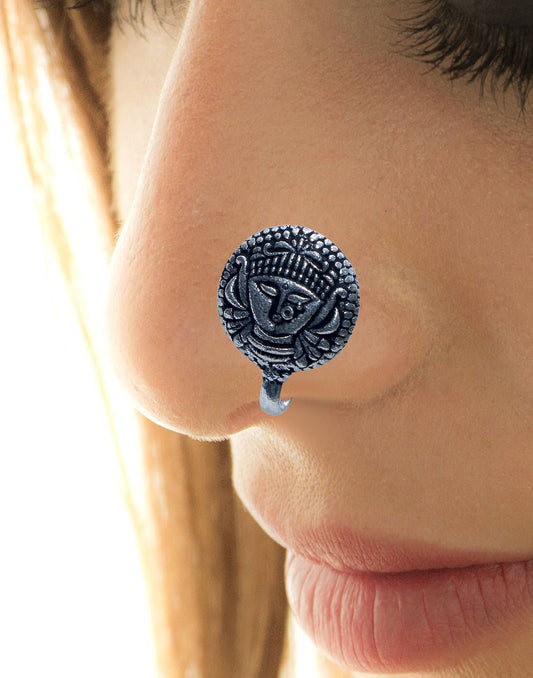 Durga Goddess Clip On Press On Nose Pin in Silver Alloy