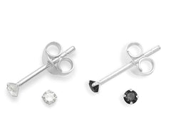 Sterling Silver COMBO of Round shape 2mm Single White and Black Cubic Zircon (CZ) Stone Solitaire Stud Earrings - Studs