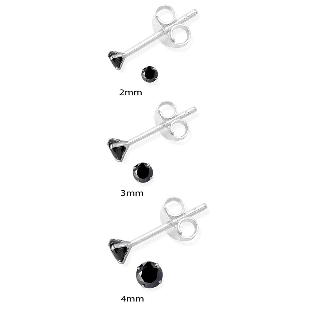 Sterling Silver pair of Round shape 2mm Single Black Cubic Zircon (CZ) Stone Solitaire Stud Earrings - Studs