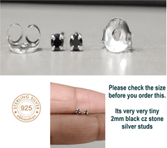 Sterling Silver pair of Round shape 2mm Single Black Cubic Zircon (CZ) Stone Solitaire Stud Earrings - Studs