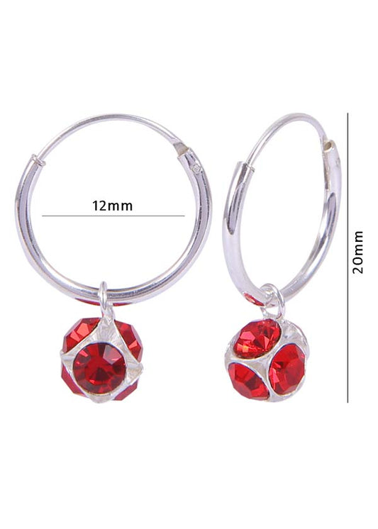 Sterling Silver Red Cubic Zirconia Hanging Balls in 12 mm Silver Hoops
