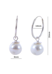 92.5 Sterling Silver 14mm Hoop Earrings with 8mm hanging White Pearl