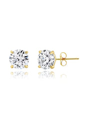 18k Gold Plated 925 Sterling Silver pair of Round 10mm Single Stone White CZ Unisex Stud Earrings - Studs