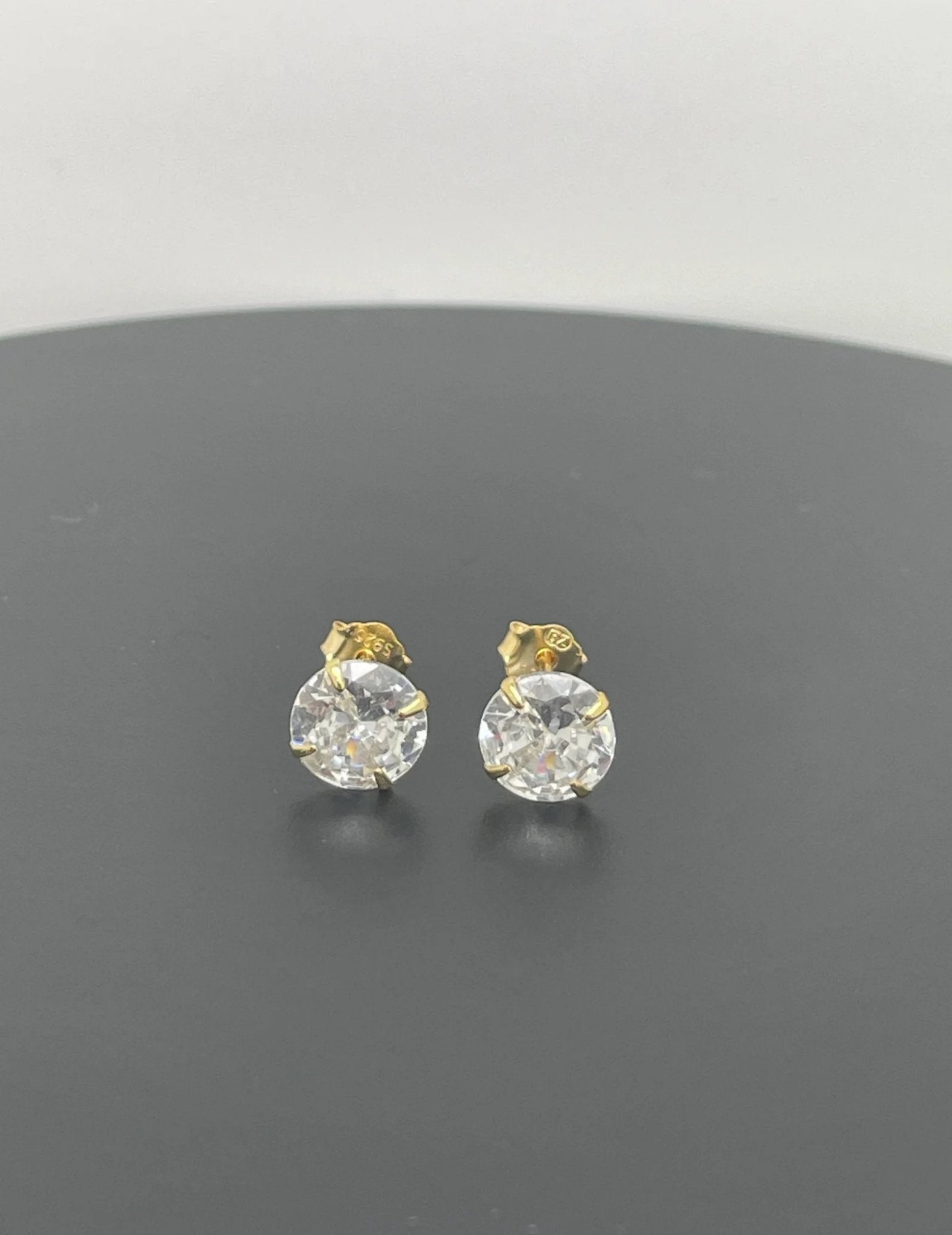 18k Gold Plated 925 Sterling Silver pair of Round 10mm Single Stone White CZ Unisex Stud Earrings - Studs