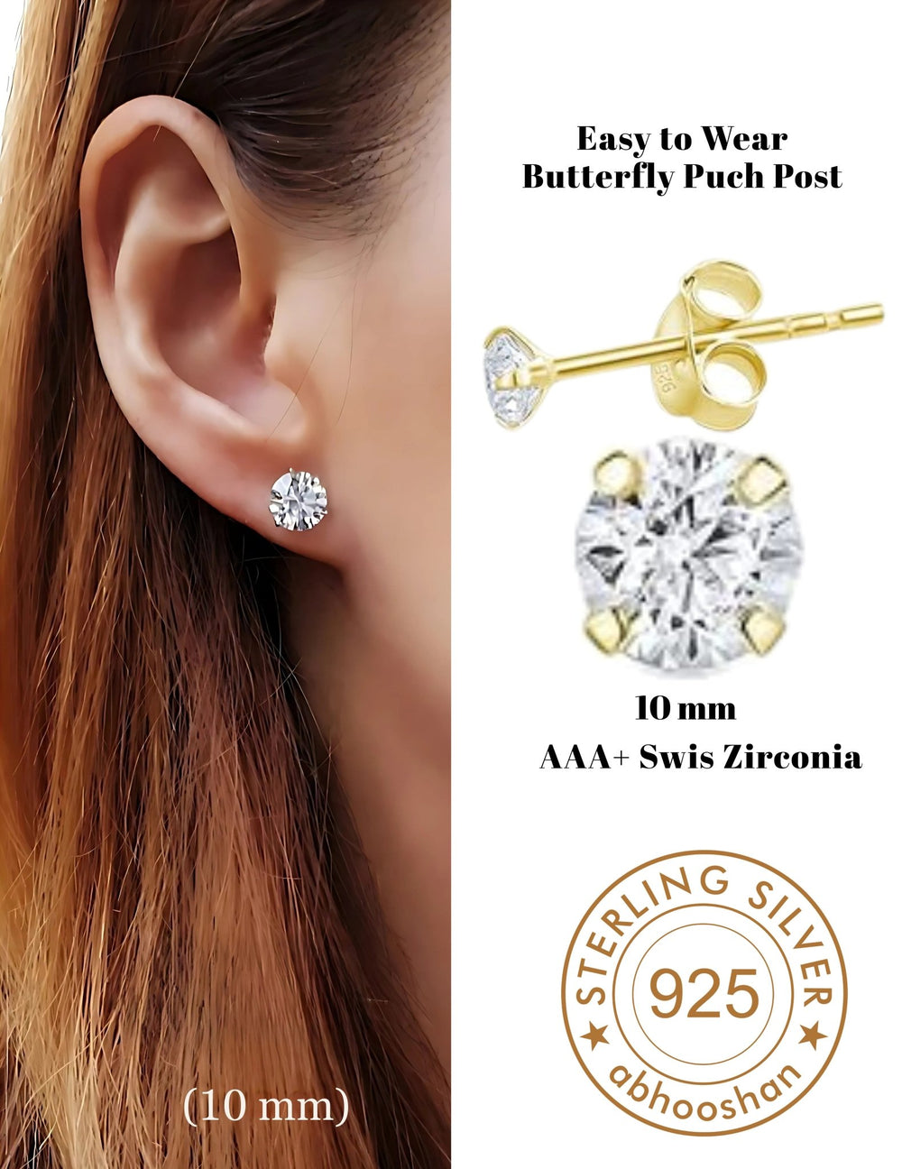 18k Gold Plated 925 Sterling Silver pair of Round 10mm Single Stone White CZ Unisex Stud Earrings - Studs