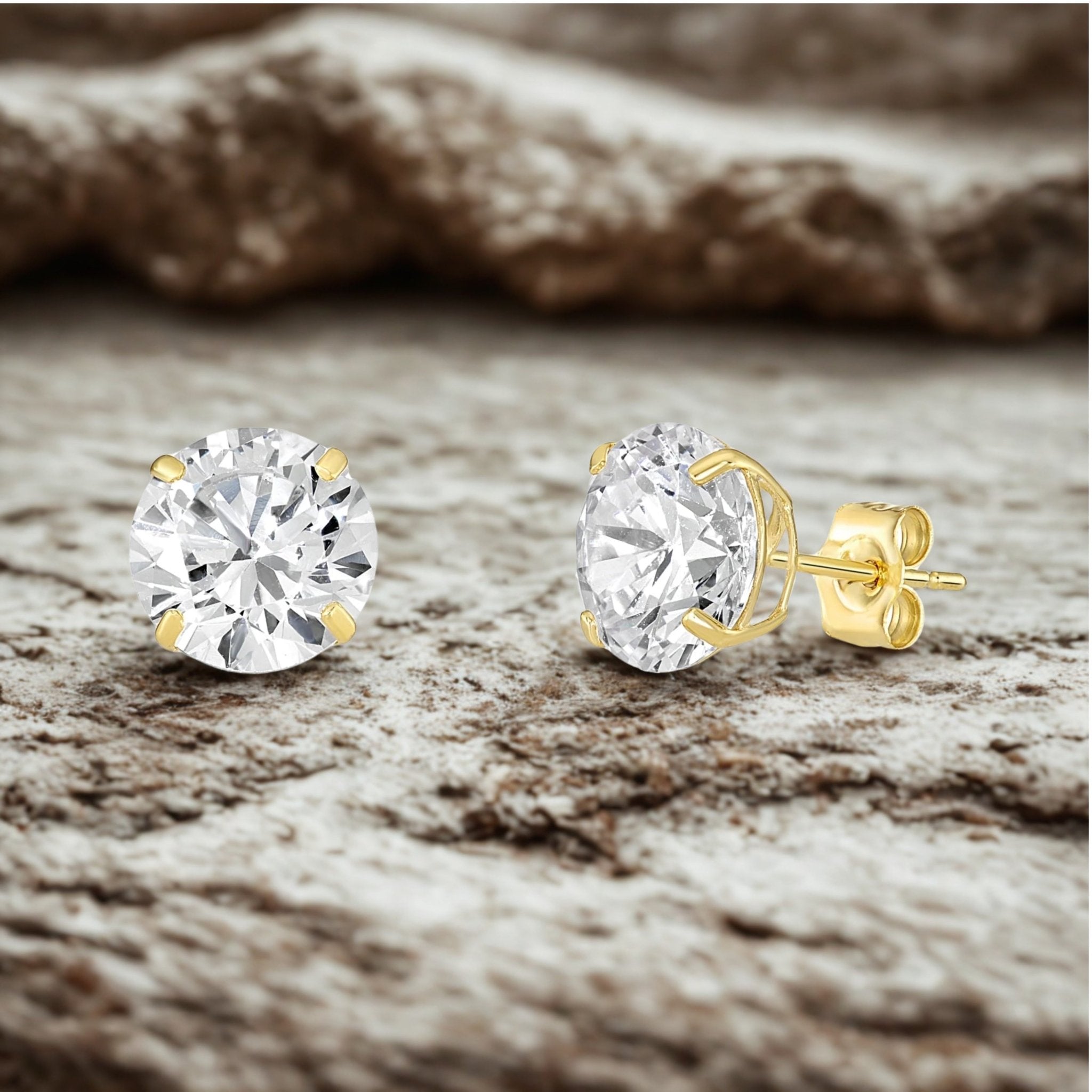 18k Gold Plated 925 Sterling Silver pair of Round 10mm Single Stone White CZ Unisex Stud Earrings - Studs