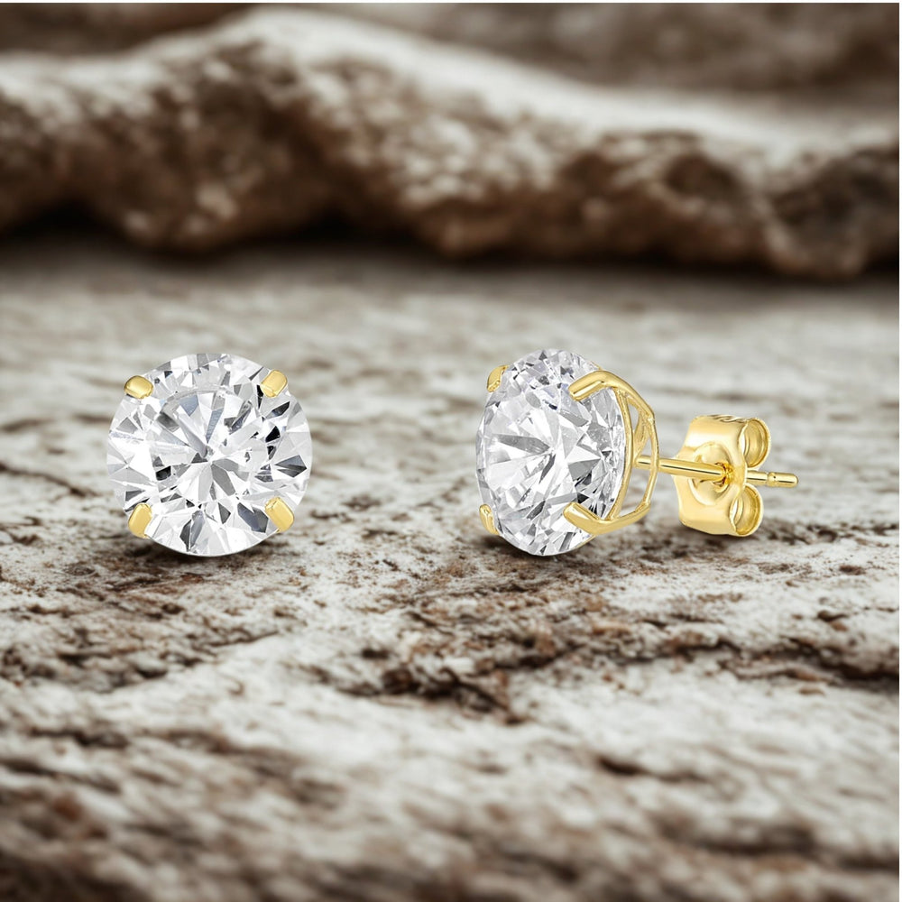 18k Gold Plated 925 Sterling Silver pair of Round 10mm Single Stone White CZ Unisex Stud Earrings - Studs