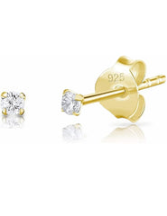 18k Gold Plated 925 Sterling Silver pair of Round 2mm Single White Cz Unisex Stud Earrings - Studs