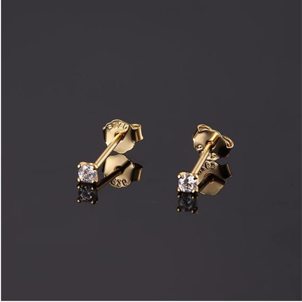 18k Gold Plated 925 Sterling Silver pair of Round 2mm Single White Cz Unisex Stud Earrings - Studs