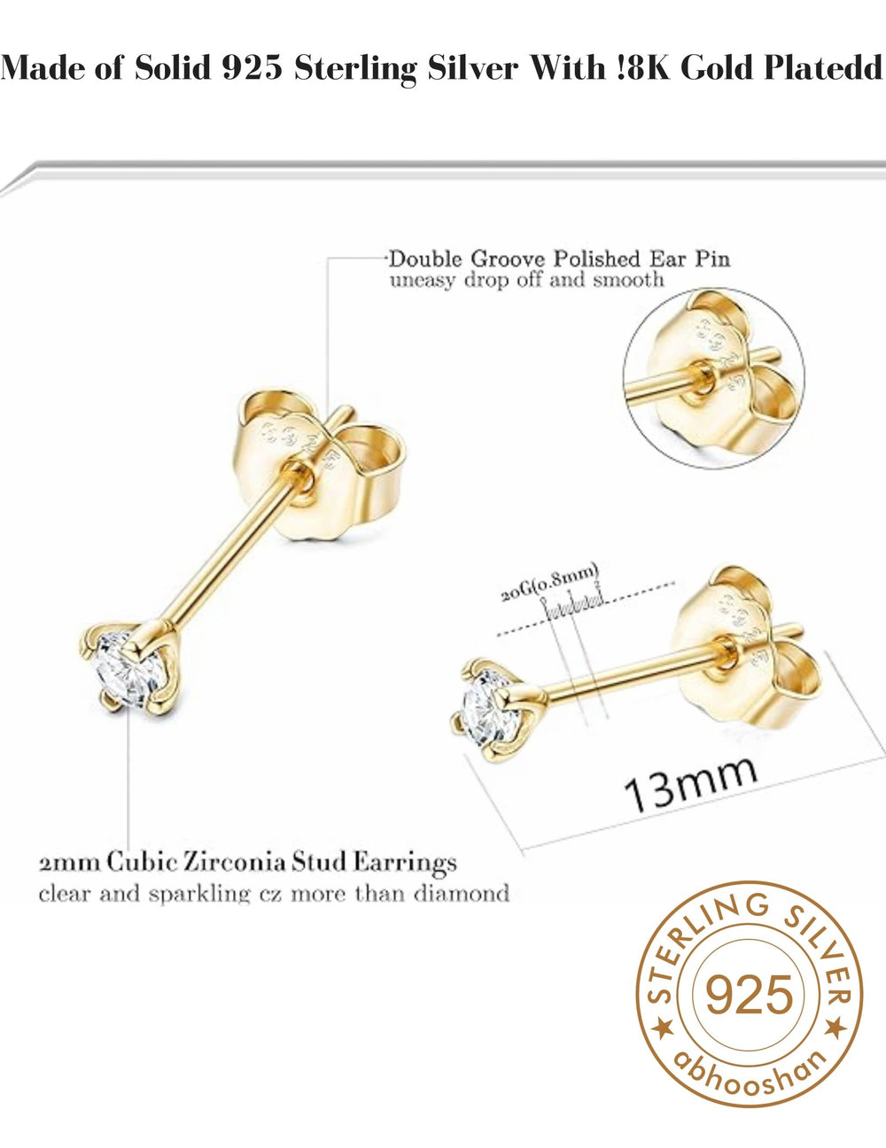 18k Gold Plated 925 Sterling Silver pair of Round 2mm Single White Cz Unisex Stud Earrings - Studs