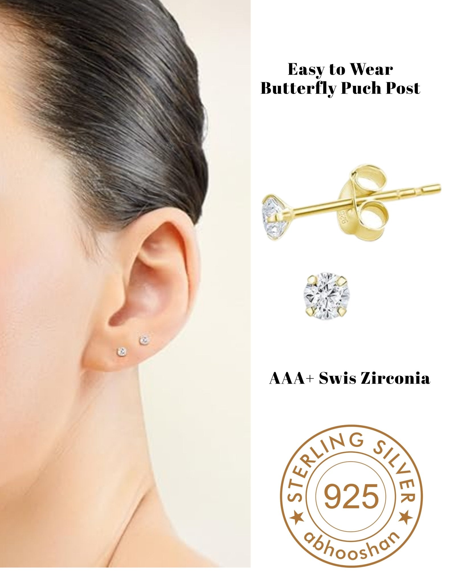 18k Gold Plated 925 Sterling Silver pair of Round 3mm Single White Cz Unisex Stud Earrings - Studs