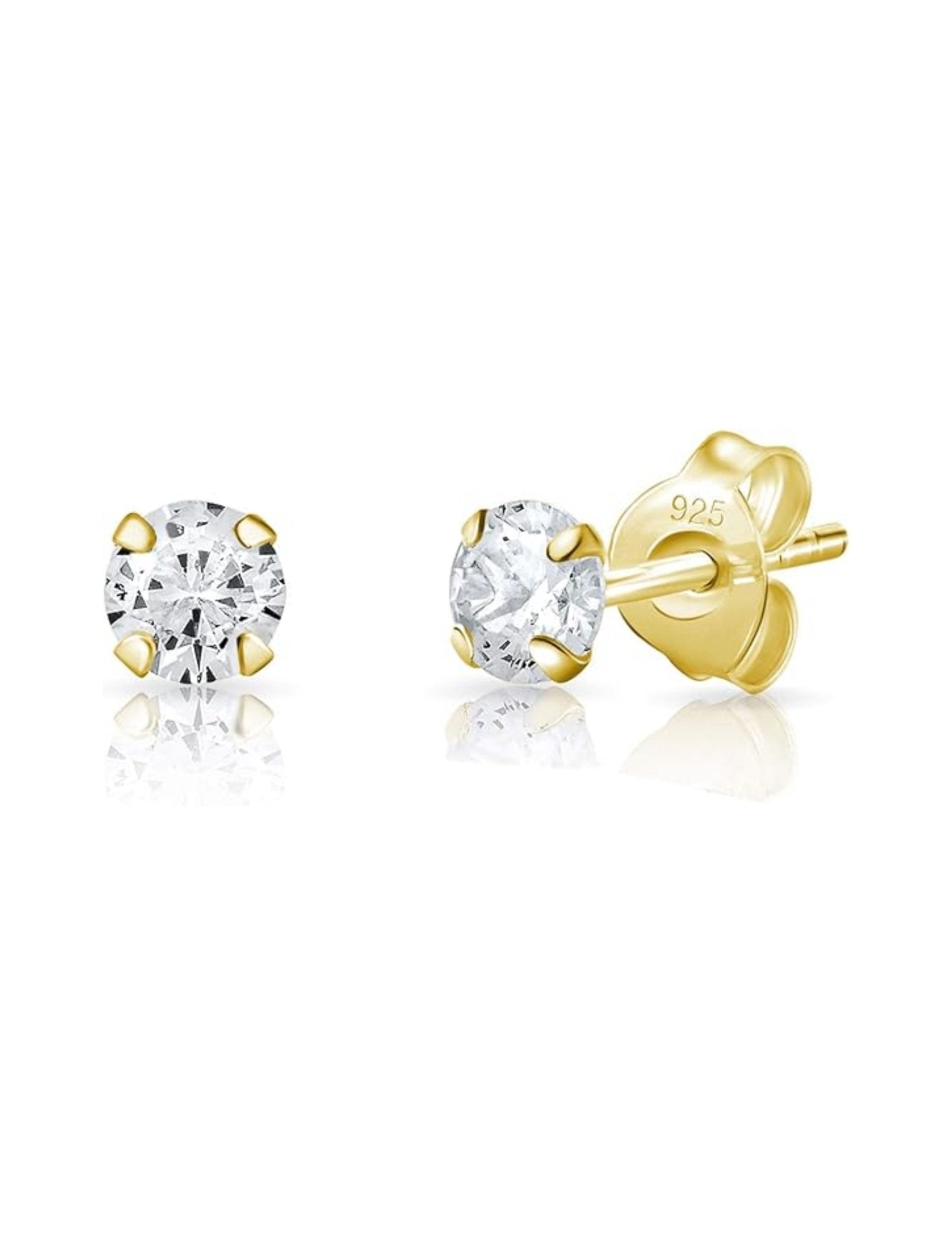 18k Gold Plated 925 Sterling Silver pair of Round 4mm Single White Cz Unisex Stud Earrings - Studs