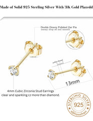 18k Gold Plated 925 Sterling Silver pair of Round 4mm Single White Cz Unisex Stud Earrings - Studs
