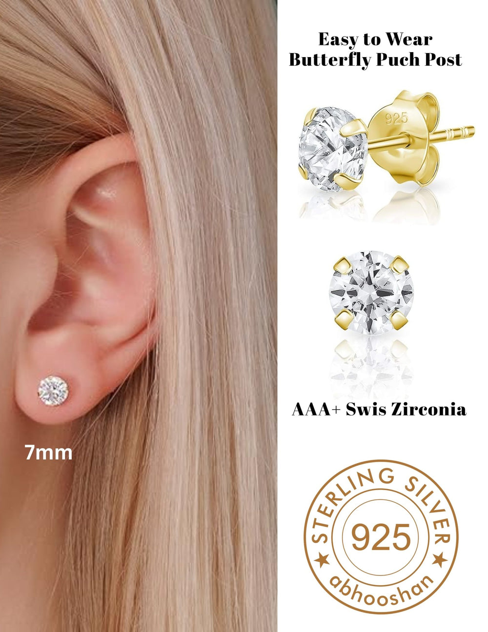 18k Gold Plated 925 Sterling Silver pair of Round 7 mm Single Stone White CZ Unisex Stud Earrings - Studs