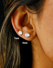 18k Gold Plated 925 Sterling Silver pair of Round 7 mm Single Stone White CZ Unisex Stud Earrings - Studs