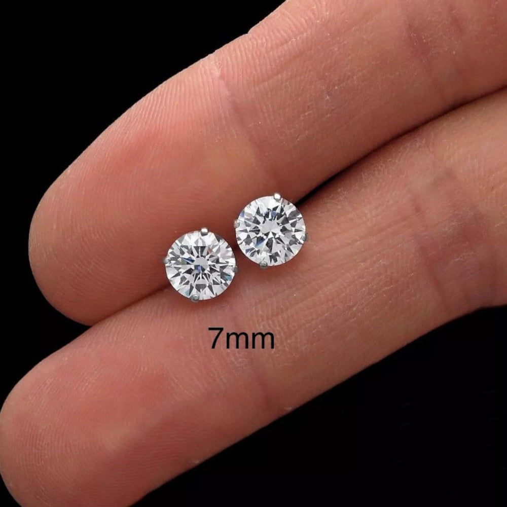 18k Gold Plated 925 Sterling Silver pair of Round 7 mm Single Stone White CZ Unisex Stud Earrings - Studs