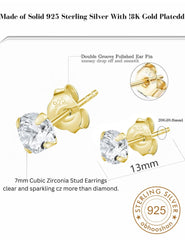 18k Gold Plated 925 Sterling Silver pair of Round 7 mm Single Stone White CZ Unisex Stud Earrings - Studs