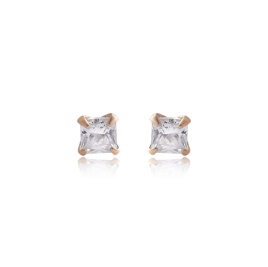 18k Gold Plated 925 Sterling Silver pair of Square shape 2mm Single White Cz Unisex Stud Earrings ( - Studs
