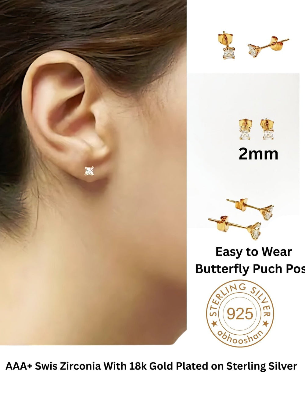18k Gold Plated 925 Sterling Silver pair of Square shape 2mm Single White Cz Unisex Stud Earrings ( - Studs