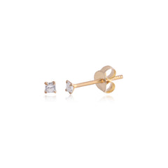 18k Gold Plated 925 Sterling Silver pair of Square shape 2mm Single White Cz Unisex Stud Earrings ( - Studs