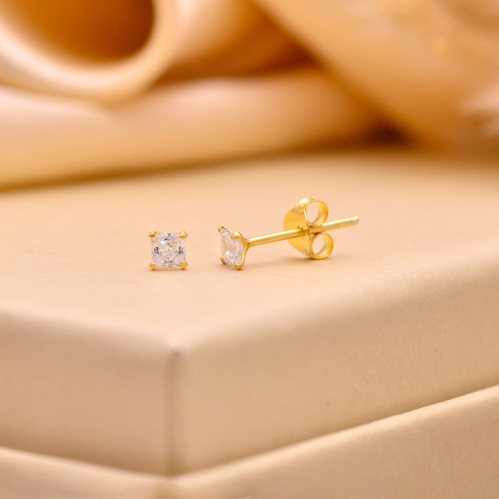 18k Gold Plated 925 Sterling Silver pair of Square shape 3mm Single White Cz Unisex Stud Earrings - Studs
