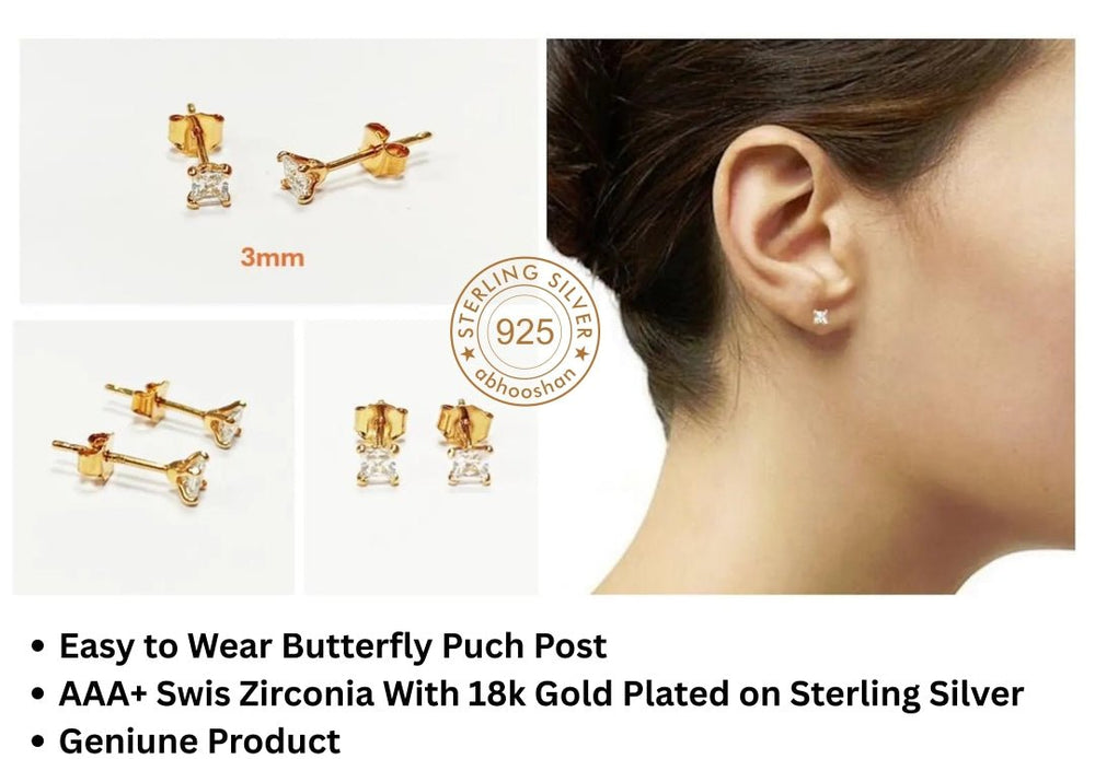 18k Gold Plated 925 Sterling Silver pair of Square shape 3mm Single White Cz Unisex Stud Earrings - Studs