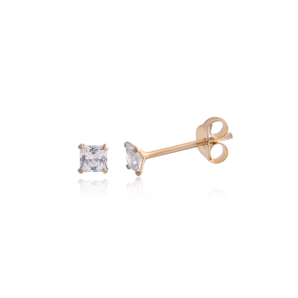 18k Gold Plated 925 Sterling Silver pair of Square shape 3mm Single White Cz Unisex Stud Earrings - Studs