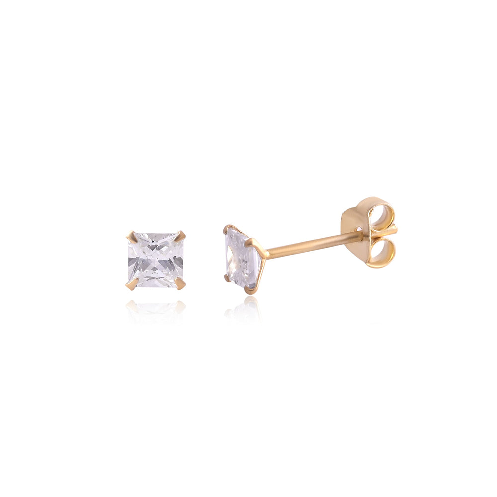 18k Gold Plated 925 Sterling Silver pair of Square shape 4mm Single White Cz Unisex Stud Earrings - Studs