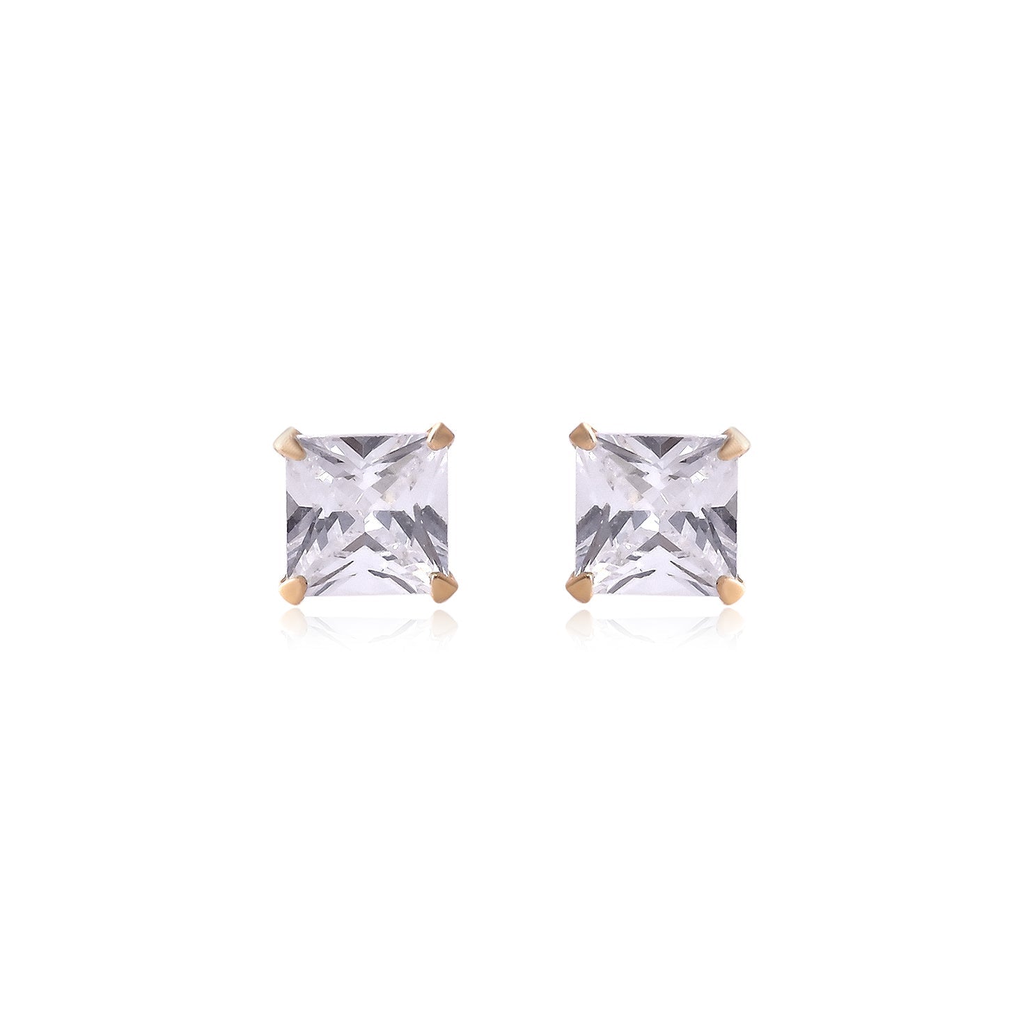 18k Gold Plated 925 Sterling Silver pair of Square shape 4mm Single White Cz Unisex Stud Earrings - Studs