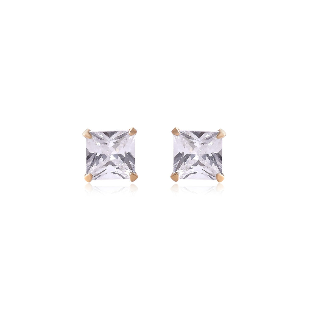 18k Gold Plated 925 Sterling Silver pair of Square shape 4mm Single White Cz Unisex Stud Earrings - Studs