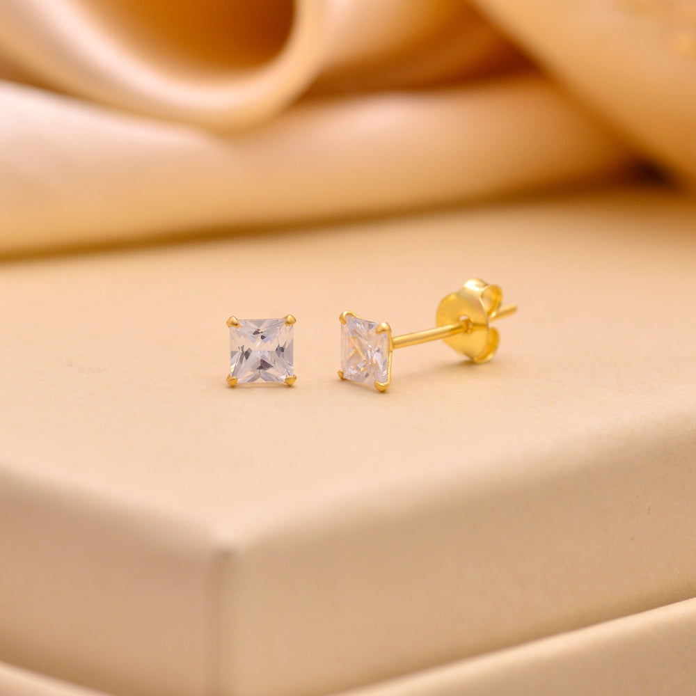 18k Gold Plated 925 Sterling Silver pair of Square shape 4mm Single White Cz Unisex Stud Earrings - Studs