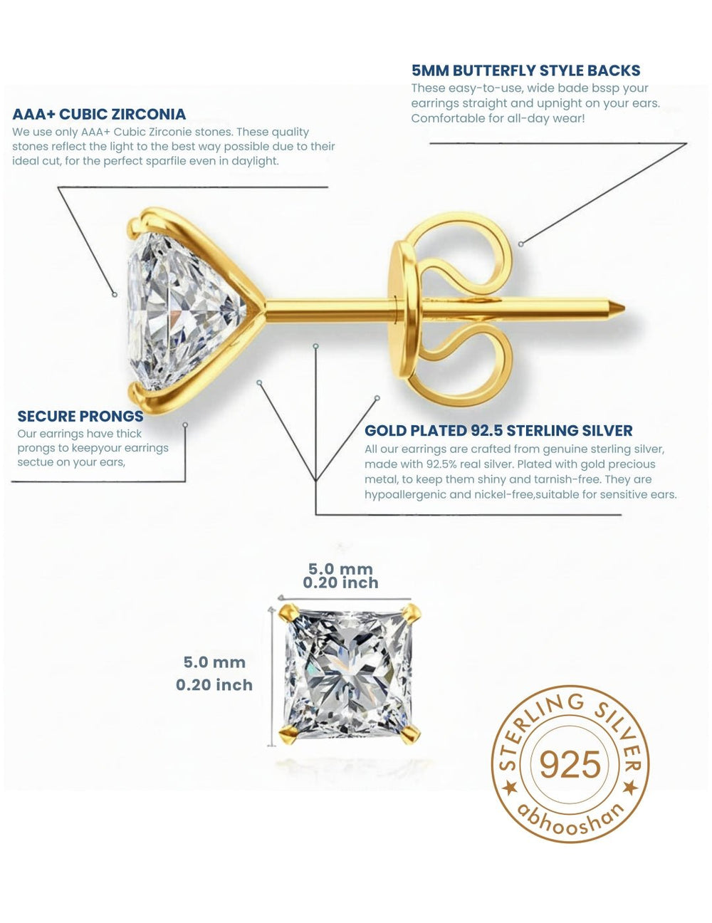 18k Gold Plated 925 Sterling Silver pair of Square shape 5mm Single White Cz Unisex Stud Earrings - Studs