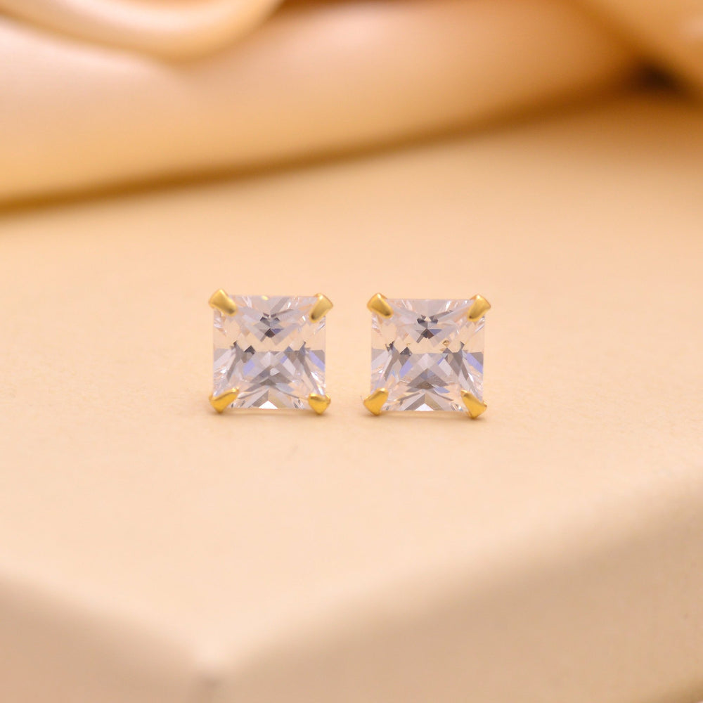 18k Gold Plated 925 Sterling Silver pair of Square shape 5mm Single White Cz Unisex Stud Earrings - Studs