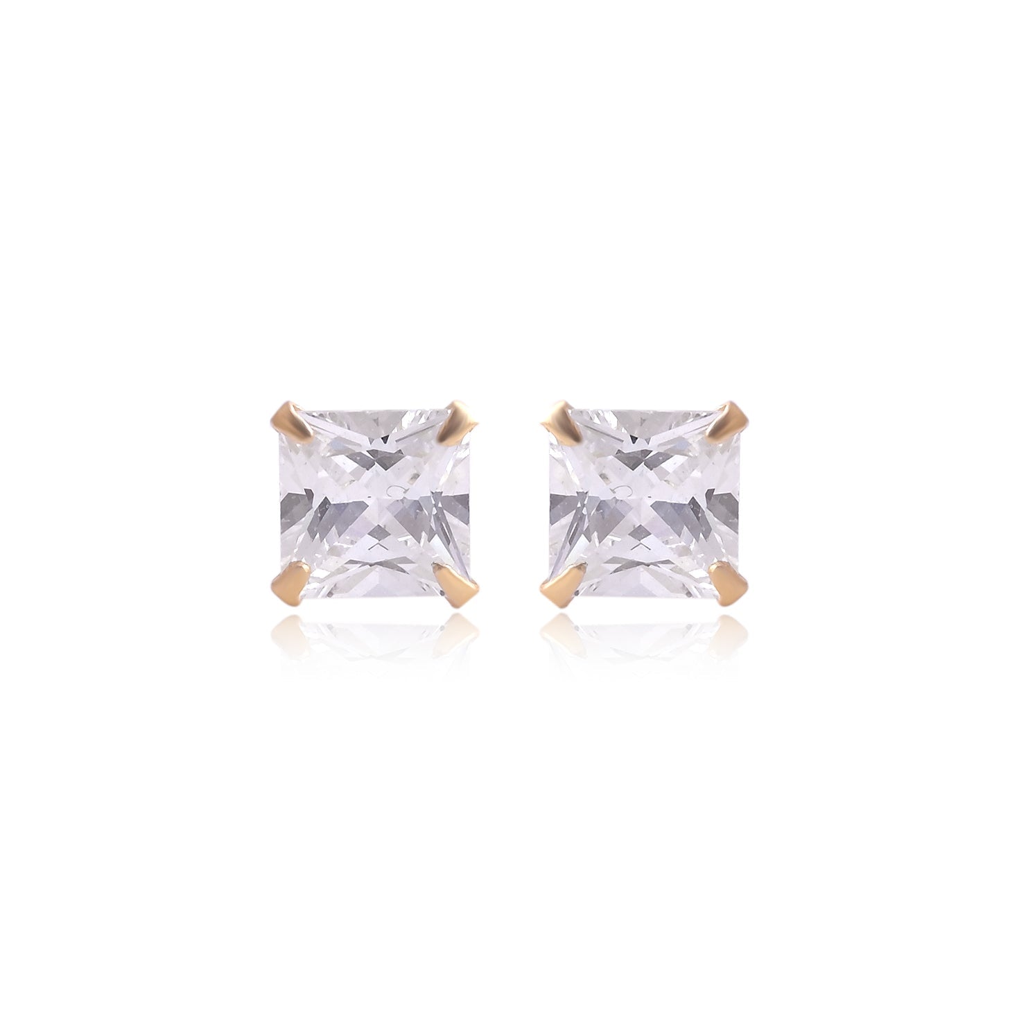18k Gold Plated 925 Sterling Silver pair of Square shape 6mm Single White Cz Unisex Stud Earrings - Studs