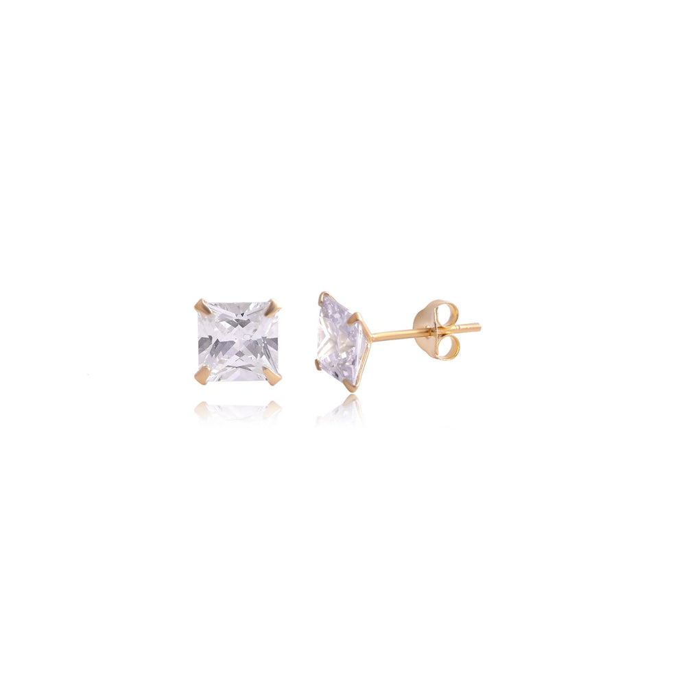 18k Gold Plated 925 Sterling Silver pair of Square shape 6mm Single White Cz Unisex Stud Earrings - Studs