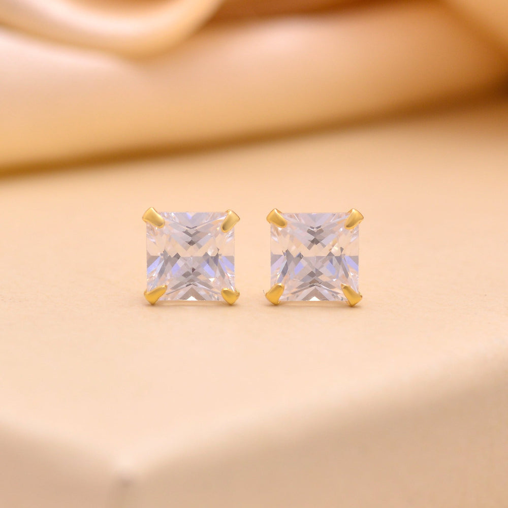 18k Gold Plated 925 Sterling Silver pair of Square shape 6mm Single White Cz Unisex Stud Earrings - Studs