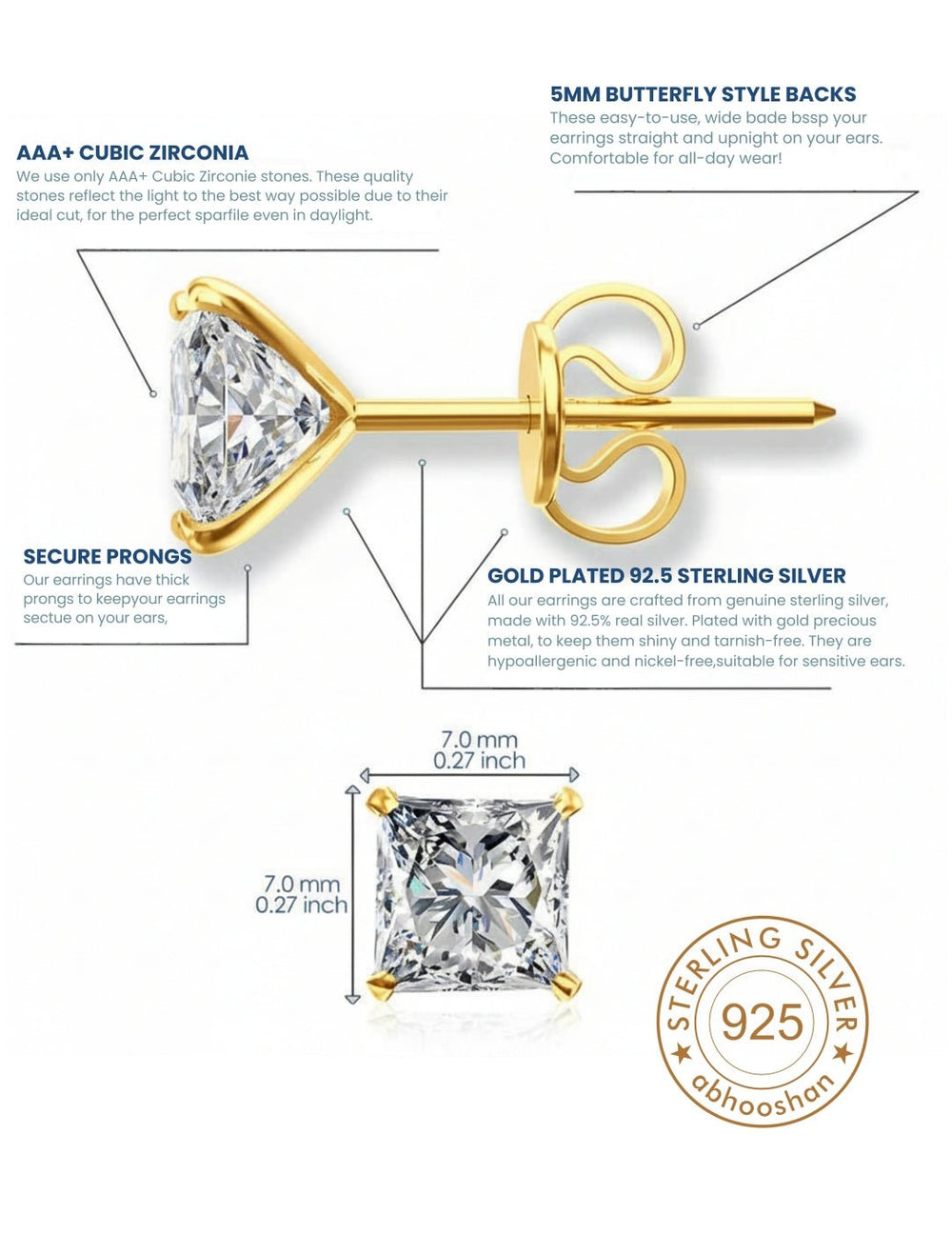 18k Gold Plated 925 Sterling Silver pair of Square shape 7mm Single White Cz Unisex Stud Earrings - Studs
