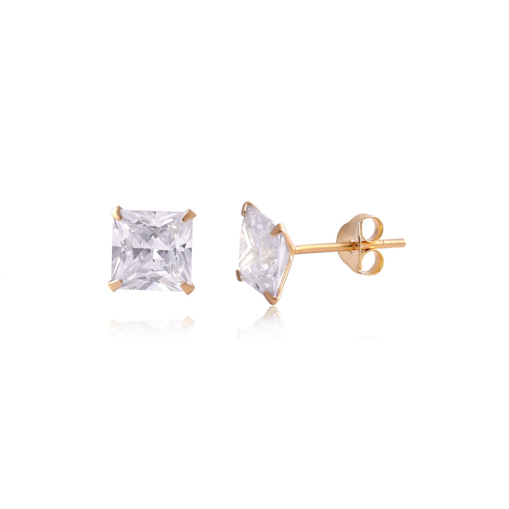 18k Gold Plated 925 Sterling Silver pair of Square shape 7mm Single White Cz Unisex Stud Earrings - Studs
