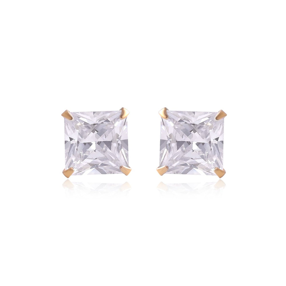 18k Gold Plated 925 Sterling Silver pair of Square shape 7mm Single White Cz Unisex Stud Earrings - Studs