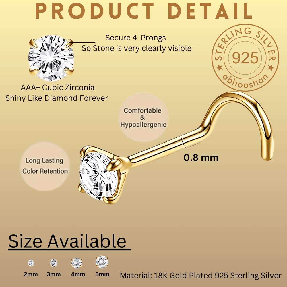 18K Gold Plated Dot Size Tiny Round 4 MM White CZ Nose Pin with wire in 92.5 Silver - Silver Nose Pin