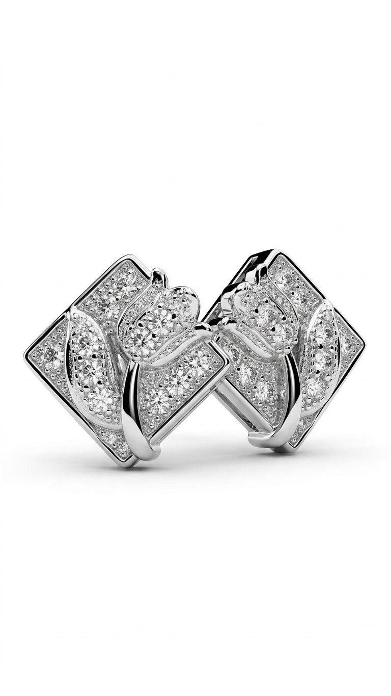 925 Sterling Silver Flower On Square Cz studs