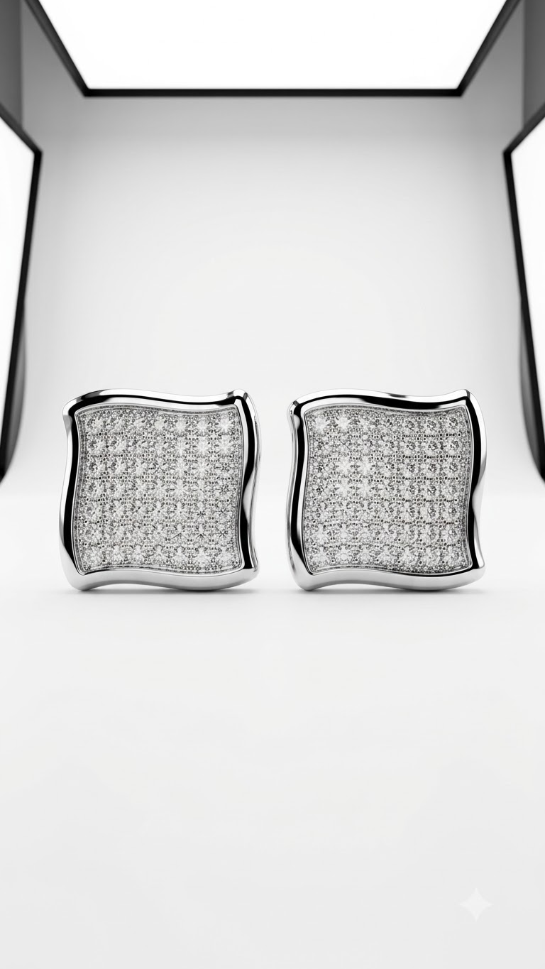 925 Sterling Silver Designer Square Shape Cubic Zircon Stud