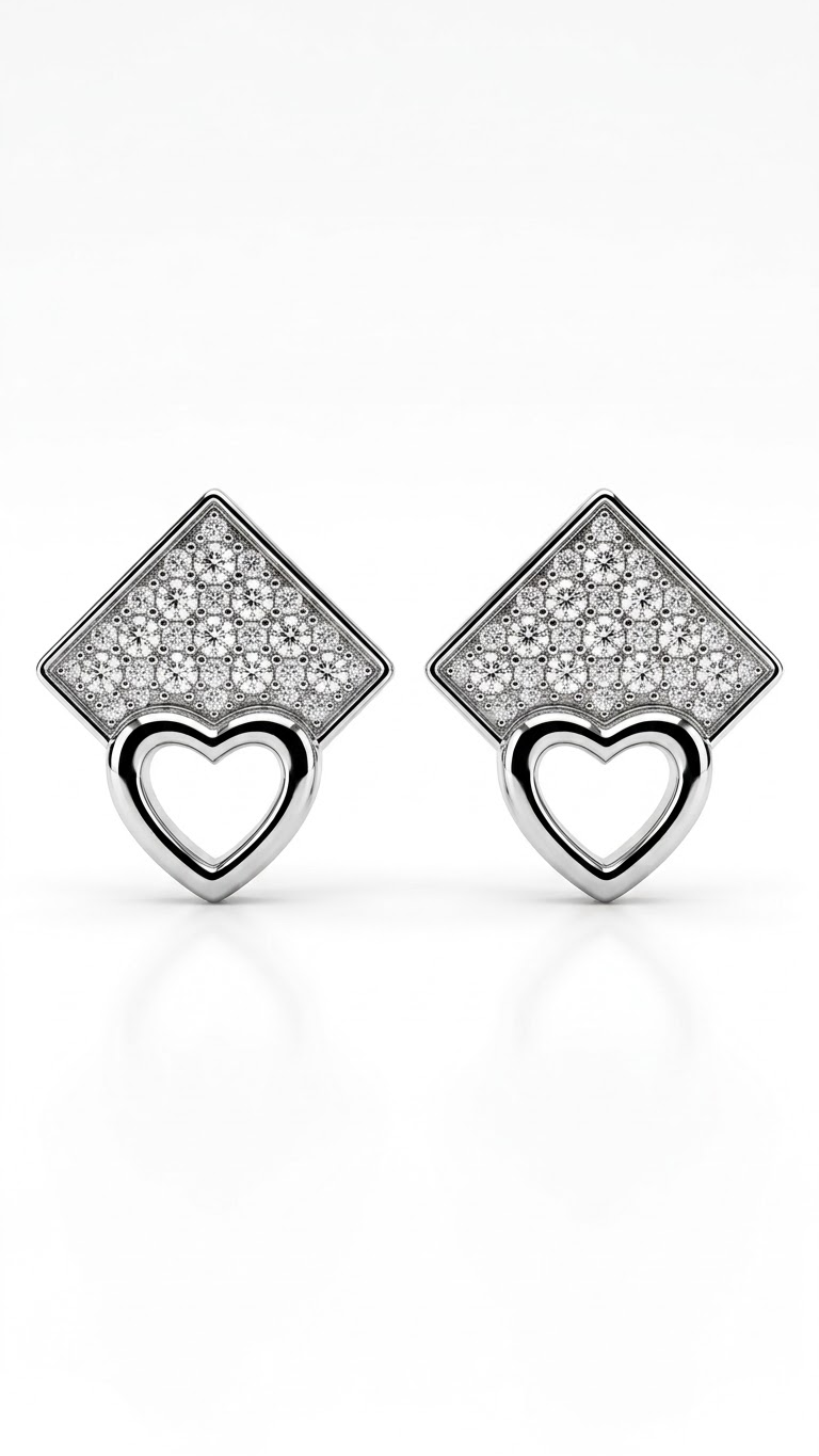 925 Sterling Silver Cute Heart-Shaped And Square Cz Stud