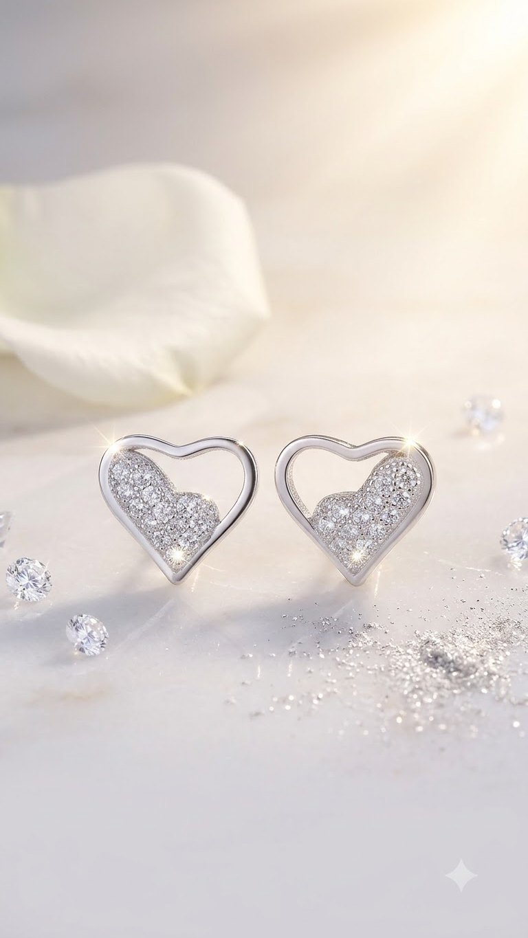 925 Sterling Silver Heart-Shaped Cubic Zirconia Studs Earrings