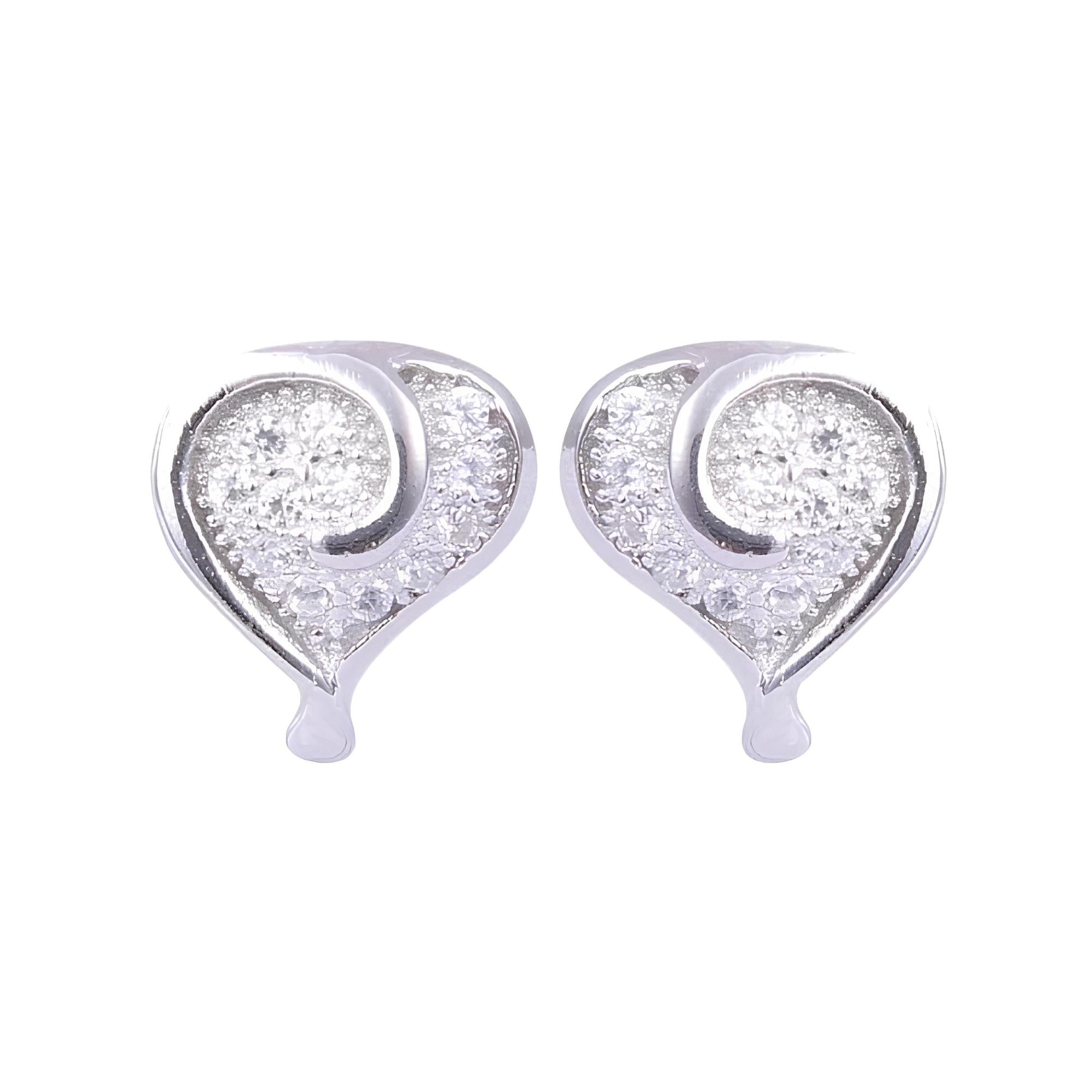 A pair of silver heart-shaped stud earrings with pavé-set clear stones, shown on a plain white background.