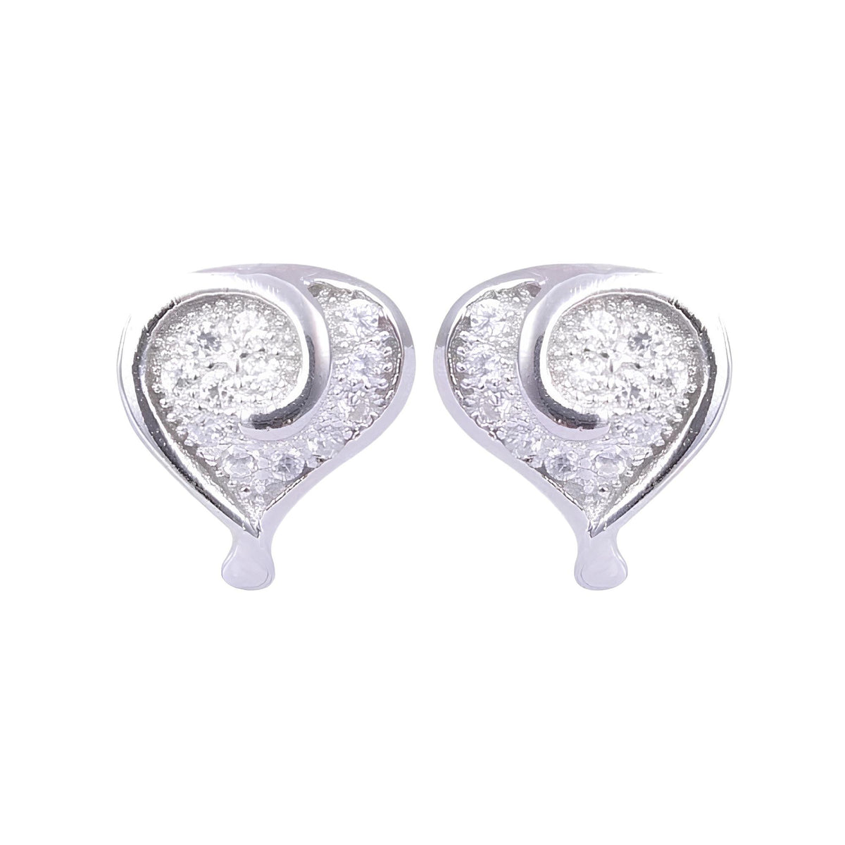 A pair of silver heart-shaped stud earrings with pavé-set clear stones, shown on a plain white background.