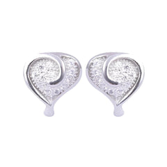 A pair of silver heart-shaped stud earrings with pavé-set clear stones, shown on a plain white background.