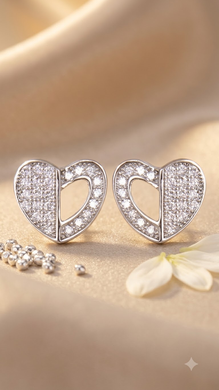 925 Sterling Silver Heart-Shaped Cubic Zirconia Studs Earrings