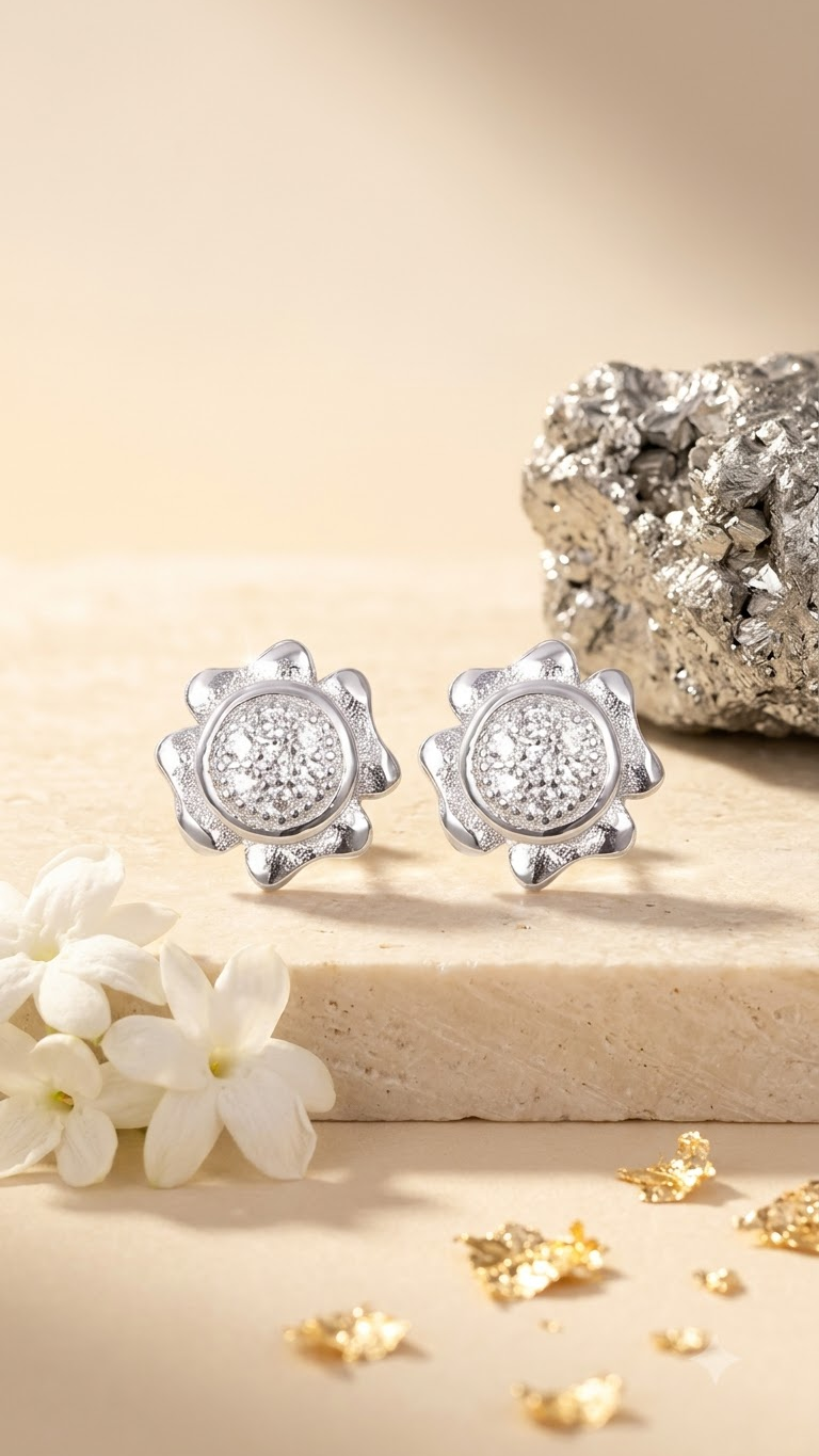 925 Sterling Silver Designer Flower shape Cz Studs