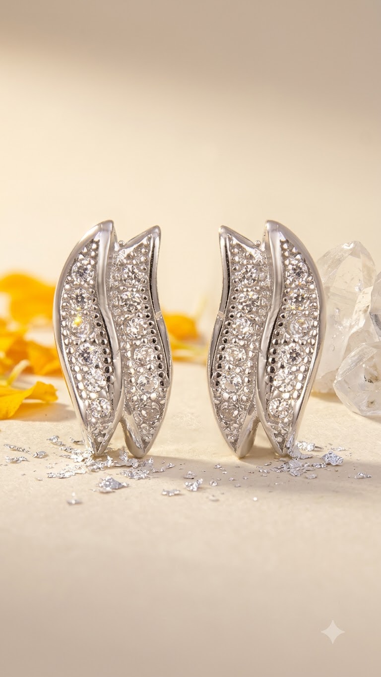 925 Sterling Silver Double Leaf Shape Cubic Zircon Studs
